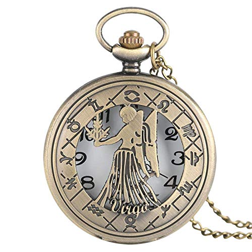 NOALED Mechanische Taschenuhr mit Kette, 12 Sternbilder, Astrologie, Sternzeichen, Retro-Uhren, Bronze, Halskette, Anhänger, Herren und Damen, Flip-Cover, Quarz von NOALED