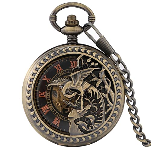 NOALED Retro Bronze Phoenix Carving Hollow Cover Double Open Case Taschenuhr Mechanische Handaufzug Kettenuhr für Männer Frauen Retro Zifferblatt Taschenuhr Taschenuhren Vintage von NOALED