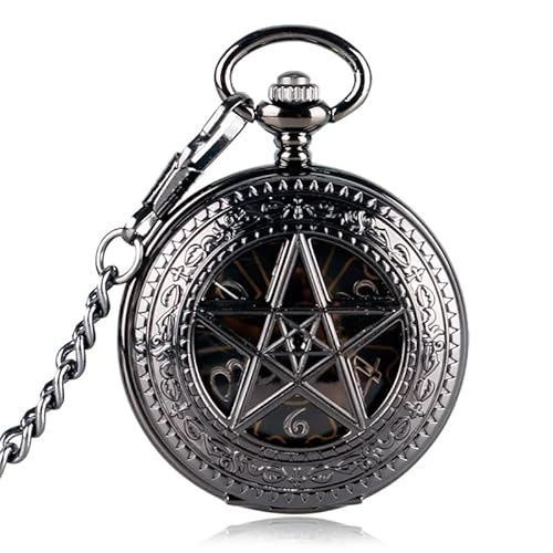 NOALED Schwarze Taschenuhr mit Stundenarmband, Pentagramm, mechanische Handkurbel, Kronenmuster, Vintage von NOALED