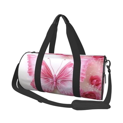 Reisetasche mit rosa Hintergrund, für Damen und Herren, Sport, Turnbeutel, faltbar, Wochenendtasche, Handgepäck, Übernachtungstasche, für Reisen, Schwimmen, Basketball, Rosa und weißer Schmetterling, von NONHAI