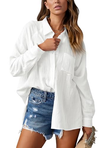 NONSAR Damen Bluse Elegant V-Ausschnitt Hemd Bluse Langarm Causal Lässige Hemden Fahion Oberteile Tunika Elegant Tops mit Tasche(9360M,Weiß) von NONSAR