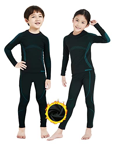 NOOYME Thermounterwäsche Kinder Set Skiunterwäsche Kinder Thermo Unterwäsche Extra Warme Funktionsunterwäsche Kinder Unisex Sportunterwäsche Kinder Fussball, Schwarz-hellblau (122/128) 120-125cm von NOOYME