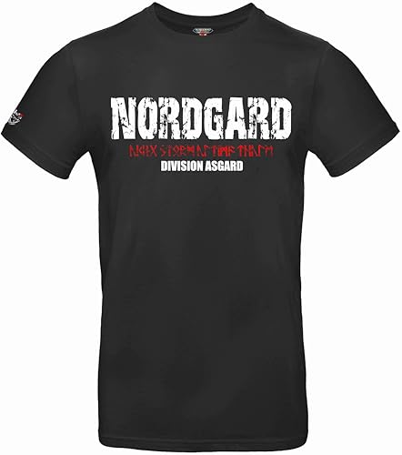 NORDGARD T Shirt Asgard Wikinger Valhalla-Geri Freki nordisch Wolf Krieger Runen Valhalla Odin Thor Wotan Vegvisir Northman (DE/NL/SE/PL, Alphanumerisch, 3XL, Regular, Regular, schwarz) von NORDGARD