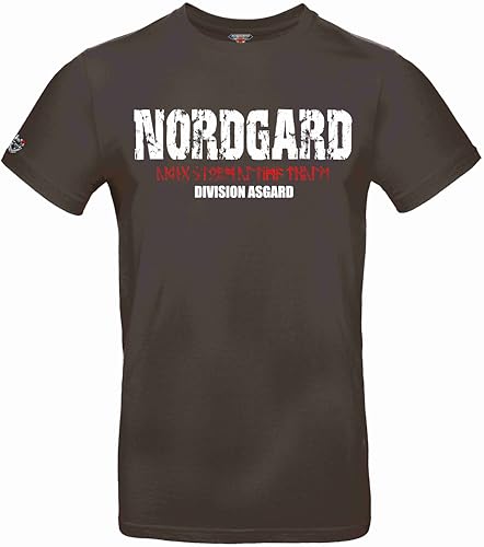 NORDGARD T Shirt Asgard Wikinger Valhalla-Geri Freki nordisch Wolf Krieger Runen Valhalla Odin Thor Wotan Vegvisir Northman (DE/NL/SE/PL, Alphanumerisch, L, Regular, Regular, Dunkelbraun) von NORDGARD