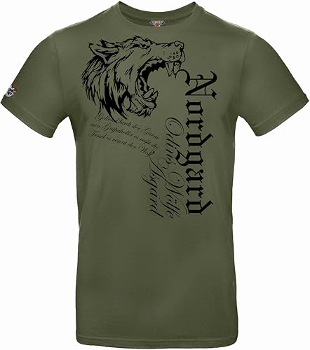 NORDGARD T Shirt Fenrir-Wikinger Valhalla-Geri Freki nordischer Wolf-Viking Runen-Valhalla-nordisch Odin Thor Hugin Munin Wotan (DE/NL/SE/PL, Alphanumerisch, XL, Regular, Regular, Khaki) von NORDGARD