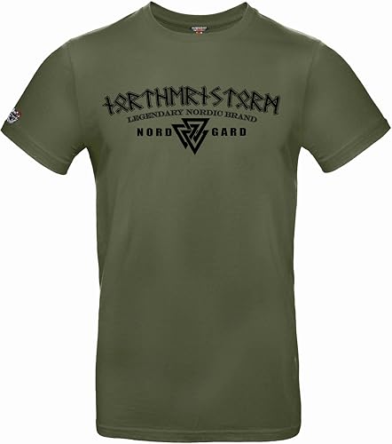 NORDGARD T Shirt Hugin & Munin Wikinger Valhalla-Geri Freki nordischer Wolf-Viking Runen Valhalla nordisch Odin Thor Wotan Vegvisir (DE/NL/SE/PL, Alphanumerisch, S, Regular, Regular, Khaki) von NORDGARD