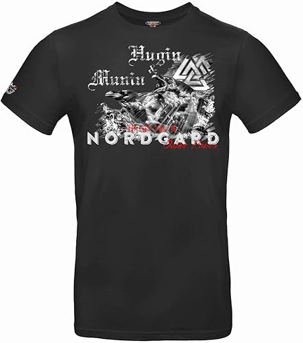 NORDGARD T Shirt Hugin & Munin Wikinger Valhalla-Geri Freki nordischer Wolf-Viking Runen Valhalla nordisch Odin Thor Wotan Vegvisir (DE/NL/SE/PL, Alphanumerisch, XL, Regular, Regular, schwarz) von NORDGARD