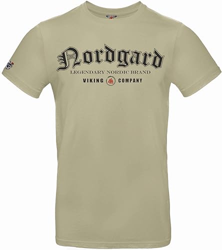 NORDGARD T Shirt Legendary Wikinger Valhalla-Geri Freki nordisch Wolf Krieger Runen Valhalla Odin Thor Wotan Vegvisir Northman (DE/NL/SE/PL, Alphanumerisch, 3XL, Regular, Regular, Sand) von NORDGARD