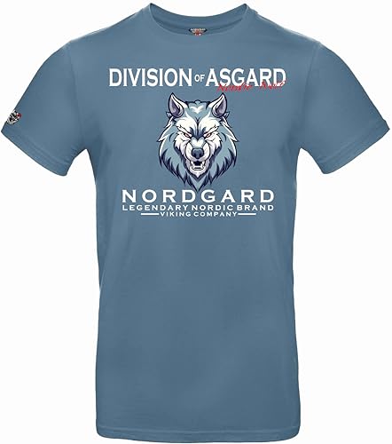 NORDGARD T Shirt Nordic Wolf Wikinger Valhalla-Geri Freki nordisch Wolf Krieger Runen Valhalla Odin Thor Wotan Vegvisir Northman Asen (DE/NL/SE/PL, Alphanumerisch, XXL, Regular, Regular, stahlblau) von NORDGARD