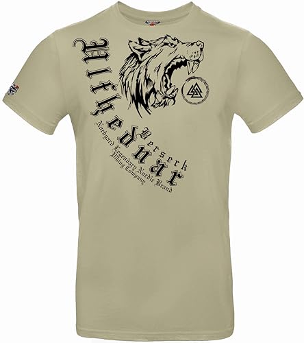 NORDGARD T Shirt ULFHEDNAR Wikinger Valhalla-Geri Freki nordisch Wolf Krieger Runen Valhalla Odin Thor Wotan Vegvisir Northman Asen (DE/NL/SE/PL, Alphanumerisch, L, Regular, Regular, Sand) von NORDGARD