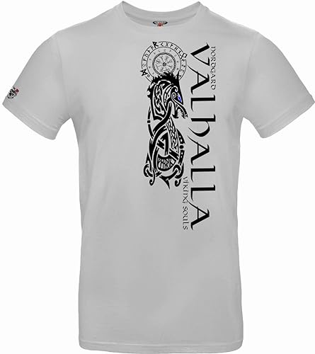 NORDGARD T Shirt VALHALLAS Wolf Wikinger Valhalla-Geri Freki nordisch Wolf Krieger Runen Valhalla Odin Thor Wotan Vegvisir Northman Asen (DE/NL/SE/PL, Alphanumerisch, XXL, Regular, Regular, hellgrau) von NORDGARD