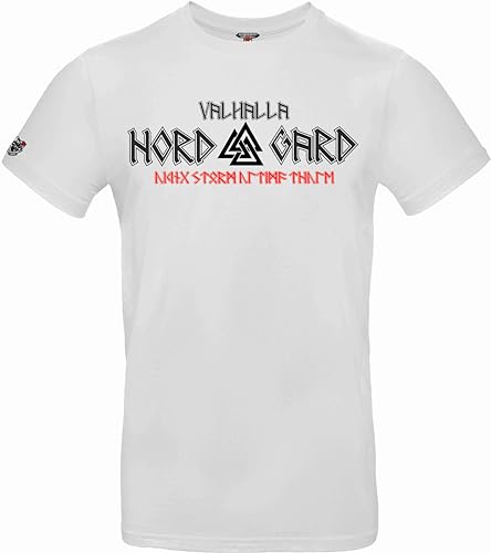 NORDGARD T Shirt Valknut Wikinger Valhalla-Geri Freki nordisch Wolf Krieger Runen Valhalla Odin Thor Wotan Vegvisir Northman (DE/NL/SE/PL, Alphanumerisch, XL, Regular, Regular, weiß) von NORDGARD