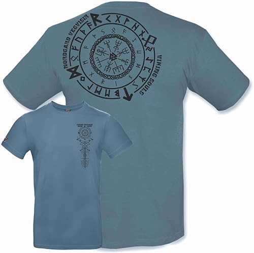 NORDGARD T Shirt Vegvisir 2 Wikinger Valhalla-Geri Freki nordisch Wolf Krieger Runen Valhalla Odin Thor Wotan Vegvisir Northman Asen (DE/NL/SE/PL, Alphanumerisch, 3XL, Regular, Regular, stahlblau) von NORDGARD