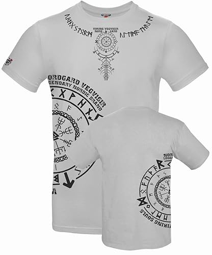 NORDGARD T Shirt Vegvisir 3 Wikinger Valhalla-Geri Freki nordisch Wolf Krieger Runen Valhalla Odin Thor Wotan Vegvisir Northman Asen (DE/NL/SE/PL, Alphanumerisch, XL, Regular, Regular, hellgrau) von NORDGARD