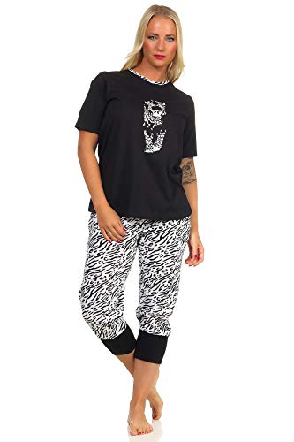 Capri Pyjama Kurzarm Schlafanzug, Caprihose mit Bündchen, Tigermotiv, auch in Übergrössen, Farbe:schwarz, Größe:60/62 von NORMANN-Wäschefabrik