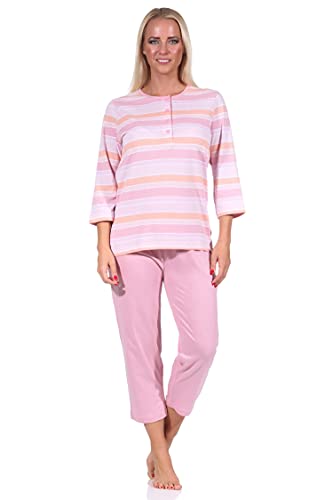 NORMANN-Wäschefabrik Damen Capri Pyjama Schlafanzug Kurzarm in zarter pastellfarbener Streifenoptik 58581, Farbe:rosa, Größe:44-46 von NORMANN-Wäschefabrik