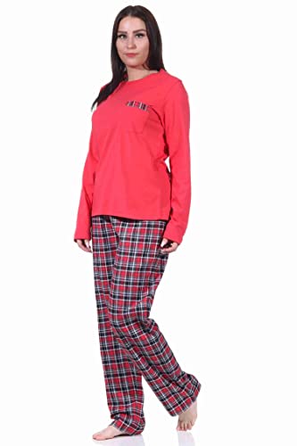 Damen Flanell Schlafanzug Pyjama Set lang mit Flanell Hose und Jersey Oberteil, Farbe:rot, Größe:44-46 von NORMANN-Wäschefabrik