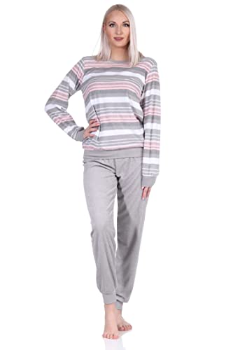 Eleganter Damen Frottee Pyjama Langarm Schlafanzug mit Bündchen in Streifenoptik - 212 840, Farbe:grau, Größe:40-42 von NORMANN-Wäschefabrik