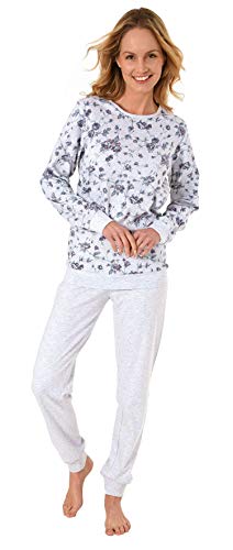 Eleganter Damen Schlafanzug Pyjama Langarm mit Bündchen in Kuschel Interlock Qualität, Farbe:grau, Größe2:38 von NORMANN-Wäschefabrik