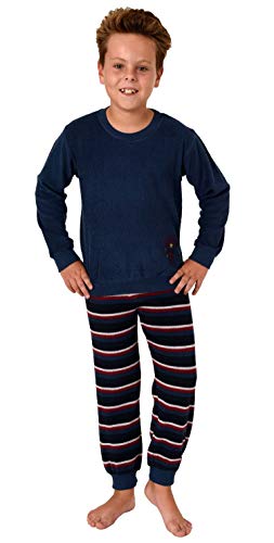 Jungen Frottee Pyjama Langarm Schlafanzug mit Bündchen und Soccer - Fussball Motiv, Farbe:blau, Größe:146/152 von Normann