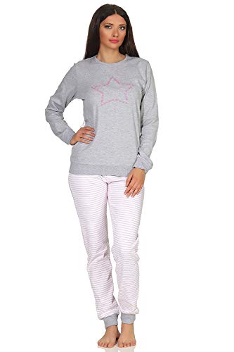 NORMANN-Wäschefabrik Kuscheliger Damen Pyjama mit Bündchen, gestreifter Hose und Sternmotiv - auch in Übergrössen, Farbe:grau-Melange, Größe2:52/54 von NORMANN-Wäschefabrik