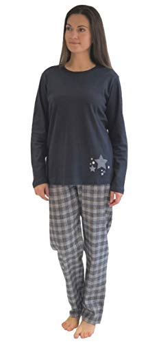 NORMANN-Wäschefabrik Damen Flanell Pyjama Mix & Match - Oberteil mit Sterne Motiv - auch in Übergrößen, 281 201 90 994, Farbe:Marine, Größe2:36/38 von Normann