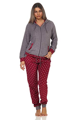 NORMANN-Wäschefabrik Damen Frottee Hausanzug Tupfendesign Homewear Loungewear - auch in Übergrössen bis 60/62, Farbe:Ringel rot, Größe:40/42 von NORMANN-Wäschefabrik