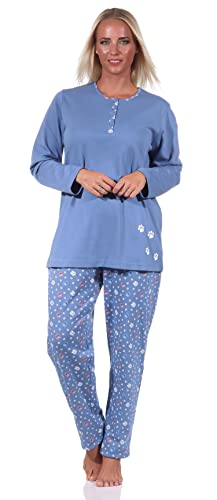 NORMANN-Wäschefabrik Damen Pyjama Langarm Schlafanzug in Kuschel Interlock Qualität mit niedlichem Tier Motiv, Farbe:blau, Größe:40-42 von NORMANN-Wäschefabrik