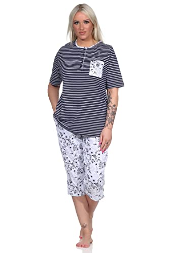 NORMANN-Wäschefabrik Damen Schlafanzug Pyjama Kurzarm, Oberteil gestreift, Capri Hose mit Blümchenmuster, Farbe:Marine, Größe:44-46 von NORMANN-Wäschefabrik