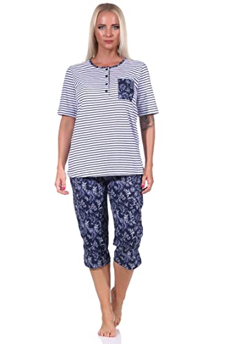 NORMANN-Wäschefabrik Damen Schlafanzug Pyjama Kurzarm, Oberteil gestreift, Capri Hose mit Blümchenmuster, Farbe:Weiss, Größe:40-42 von NORMANN-Wäschefabrik