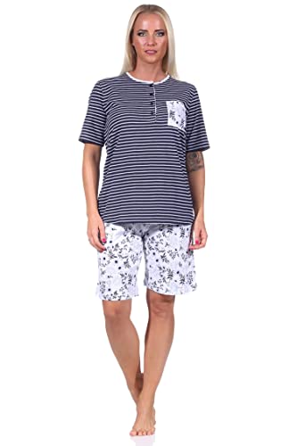 NORMANN-Wäschefabrik Damen Schlafanzug Shorty Pyjama Kurzarm, Oberteil gestreift, Hose mit Blümchenmuster, Farbe:Marine, Größe:40-42 von NORMANN-Wäschefabrik