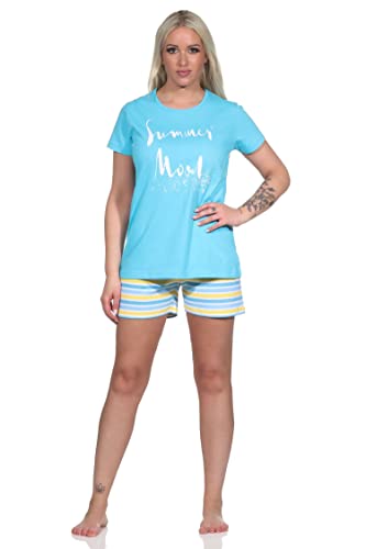 NORMANN-Wäschefabrik Damen Shorty Kurzarm Pyjama mit Front-Print und Ringel-Optik - 122 205 10 752, Farbe:hellblau, Größe:44-46 von NORMANN-Wäschefabrik