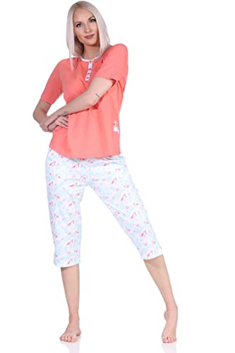 NORMANN-Wäschefabrik Edler Damen Capri Kurzarm Schlafanzug Pyjama mit Flamingo Motiv und Knopfleiste am Hals, Farbe:apricot, Größe:36-38 von NORMANN-Wäschefabrik