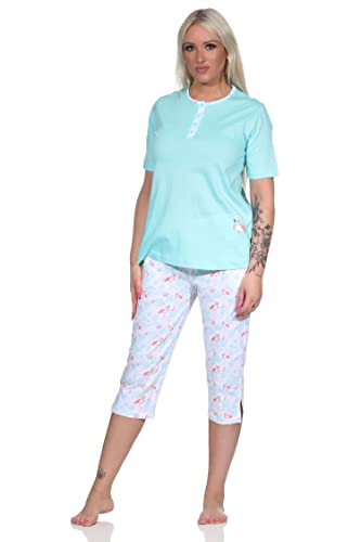 NORMANN-Wäschefabrik Edler Damen Capri Kurzarm Schlafanzug Pyjama mit Flamingo Motiv und Knopfleiste am Hals, Farbe:helltürkis, Größe:36-38 von NORMANN-Wäschefabrik