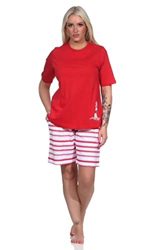 NORMANN-Wäschefabrik Maritimer Damen Kurzarm Shorty Schlafanzug, Top mit Leuchturm Motiv, auch in Übergrössen, Farbe:rot, Größe:60-62 von NORMANN-Wäschefabrik