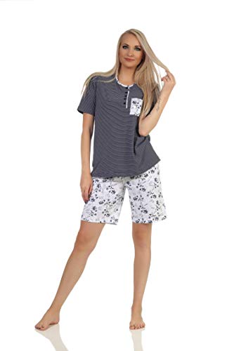 Normann Damen Schlafanzug Kurzarm Shorty Pyjama, Oberteil gestreift, Hose Blümchenmuster, Farbe:Marine, Größe:40-42 von NORMANN-Wäschefabrik