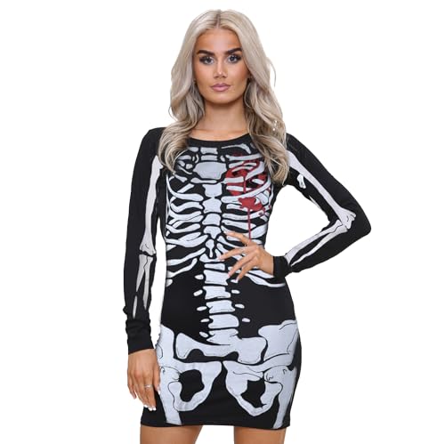 NOROZE Damen Frauen Halloween Skelett Schädel Knochen Rot Blut Herz Bodycon Kostüm Neuheit Party Kleid(36-38, Rot Blut Skelett) von NOROZE