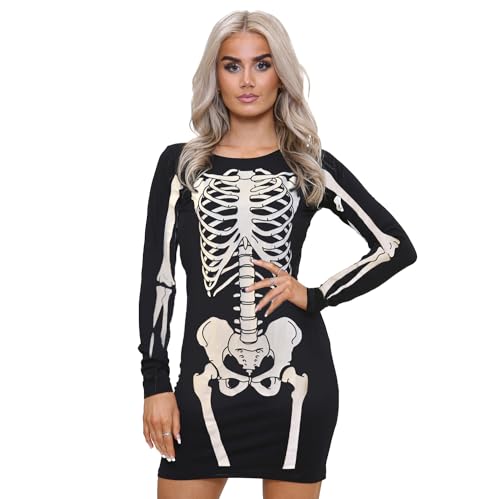 NOROZE Damen Frauen Halloween Skelett Schädel Knochen Rot Blut Herz Bodycon Kostüm Neuheit Party Kleid(48-50, Schwarz Skelett) von NOROZE