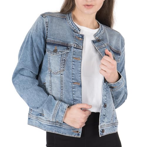 NOROZE Damen Kragenlos Jeansjacke Lange Ärmel Gewaschener Denim Biker Motorradfahrer Stil Jacke (36, Hellblau) von NOROZE