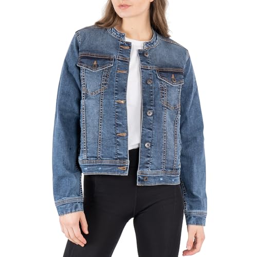 NOROZE Damen Kragenlos Jeansjacke Lange Ärmel Gewaschener Denim Biker Motorradfahrer Stil Jacke (44, Denim Blau) von NOROZE