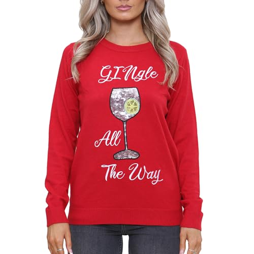 NOROZE Damen Weihnachten Oberteil Sweatshirts Paillette Bimmeln Glocken Hohoho Mops Frau Claus Xmas Pullover (14, Gingle Rot) von NOROZE