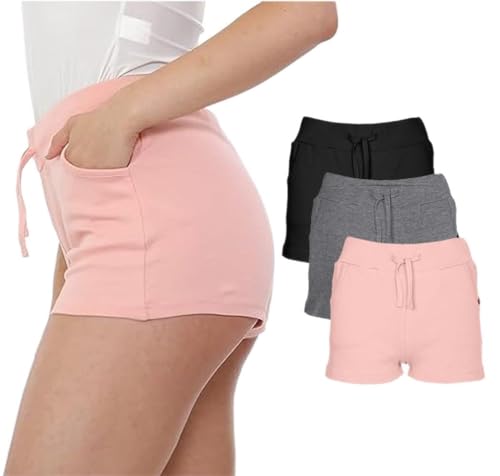 NOROZE Damen lässig Sommer Urlaub Baumwolle Shorts Kurze Hose (36, Schwarz/Grau/Baby Pinke) von NOROZE