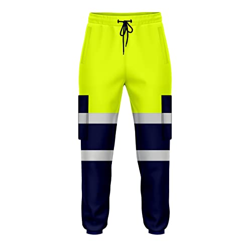 NOROZE Herren-Arbeitshose mit hoher Sichtbarkeit, reflektierend, Fluoreszierendes Band, zweifarbig, Combat-Seitentasche, Jogginghose, Arbeitskleidung (M, Stil 4: Neongrün/Marineblau) von NOROZE