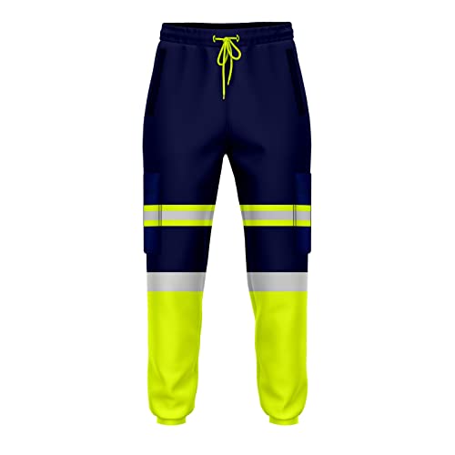 NOROZE Herren-Arbeitshose mit hoher Sichtbarkeit, reflektierend, Fluoreszierendes Band, zweifarbig, Combat-Seitentasche, Jogginghose, Arbeitskleidung (XL, Stil 5: Neongrün/Marineblau) von NOROZE