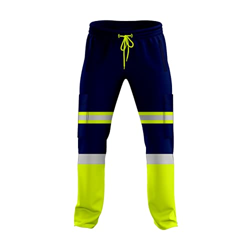 NOROZE Herren-Arbeitshose mit hoher Sichtbarkeit, reflektierend, Fluoreszierendes Band, zweifarbig, Combat-Seitentasche, Jogginghose, Arbeitskleidung (XXL, Stil 1: Neongrün/Marineblau) von NOROZE