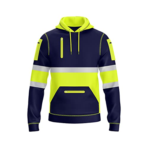 NOROZE Hi-Viz-Pullover-Kapuzenpulli, grau, reflektierendes Band, gut sichtbarer Sicherheitsmantel mit 4 Reißverschlüssen, Sweatshirt-Top-Jacke für Herren (Stil 2: Neongrün/Marineblau, M) von NOROZE