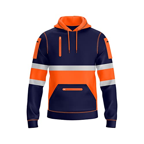 NOROZE Herren Hi-Viz Kapuzenpullover Grau Reflektierendes Band Hohe Sichtbarkeit Sicherheit Mantel mit 4 Reißverschluss Taschen Sweatshirt Jacke (XL, Stil 2: Neonorange/Marine) von NOROZE