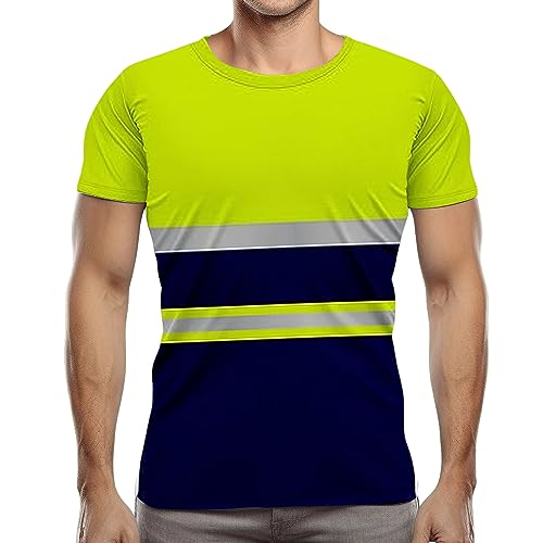 NOROZE Herren Hi-Viz T-Shirt Arbeitskleidung Reflektierendes Band Hohe Sichtbarkeit Sicherheitsmantel Atmungsaktiv Leicht Rundhals Kurzarm Polo T-Shirt (S, Stil 2: Neongrün/Marineblau) von NOROZE