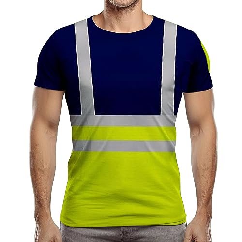 NOROZE Herren Hi-Viz T-Shirt Arbeitskleidung Reflektierendes Band Hohe Sichtbarkeit Sicherheitsmantel Atmungsaktiv Leicht Rundhals Kurzarm Polo T-Shirt (XL, Stil 1: Neongrün/Marineblau) von NOROZE