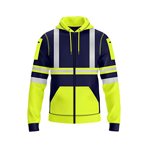 NOROZE Herren Kapuzenpullover mit Reißverschluss vorne reflektierend hohe Sichtbarkeit Sicherheitsmantel Taschen Sweatshirt Jacke (XXL, Stil 2: Neongrün/Marine) von NOROZE